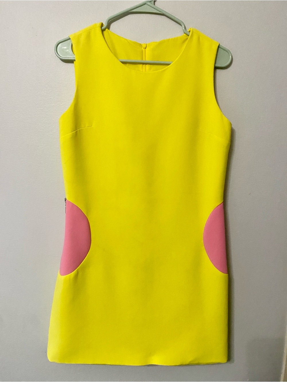 Mod Sleeveless Yellow Shift Dress with Pink Zipper Pockets Cotton & Silk Blend